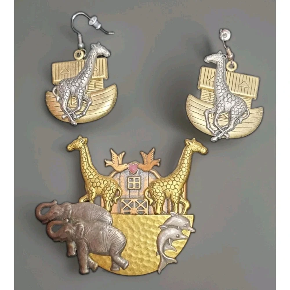 Noah's Ark Animals Biblical Brooch Elephants Giraffes Birds Dolphins Figural Pin